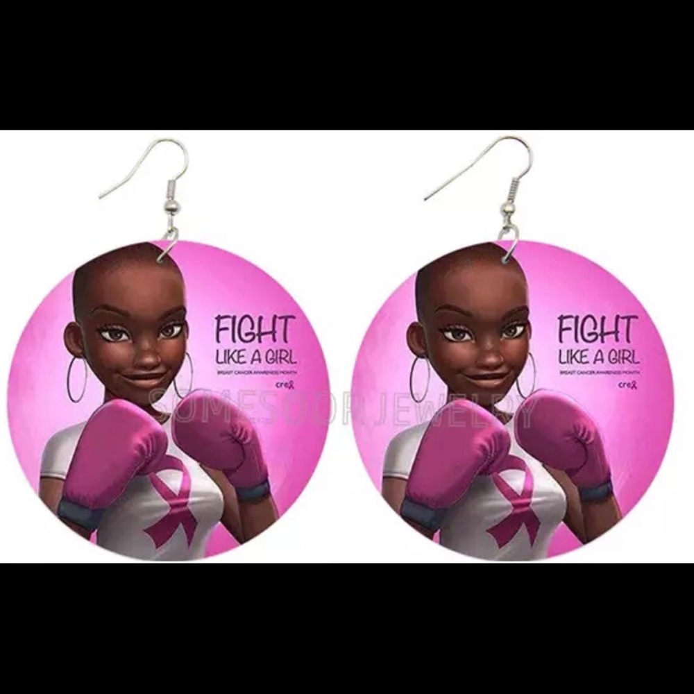 Wooden earrings for Breast Cancer Awareness.